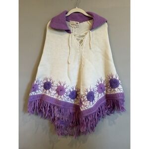 Vintage Harilelas Wool Purple Ivory Floral Poncho S/M Fringe Retro Boho‎ Hippie